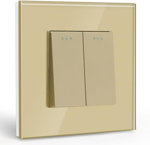 BSEED Lichtschalter 2 Fach 1 Weg Glas Lichtschalter Unterputz Taste Schalter Wandschalter Gold Kristall Kippschalter