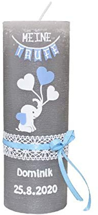 Taufkerzen Jungen Rustic Elefant 190 x 68 mm mit individueller Namensverzierung aus hochwertigen Wachsbuchstaben und Sichtkarton
