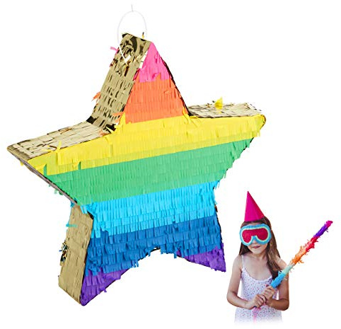 2 x Pinata Stern, Partypinata zum Befüllen, Kinder & Erwachsene, Regenbogen, Schlagpinata zum Aufhängen, bunt-gold | Kinder & Erwachsene, Regenbogen, Schlagpinata zum Aufhängen