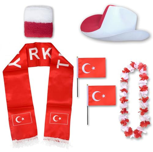 Sonia Originelli Fanset Fanartikel Fanhut Blumenkette Fanschal Schweißband Fähnchen WM EM Farbe: Türkei