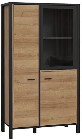 FORTE HIGH ROCK Vitrine mit 2 Türen und 1 Glastür, Holzwerkstoff, Schwarz / Riviera Eiche, 86.3 x 152.3 x 40.2 cm