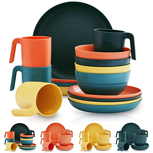 Kyraton vajilla de plástico de 16 piezas, irrompible y reutilizable platos ligeros tazas tazones platos fáciles de llevar y limpiar microondas seguro BPA libre lavavajillas servicio seguro para 4