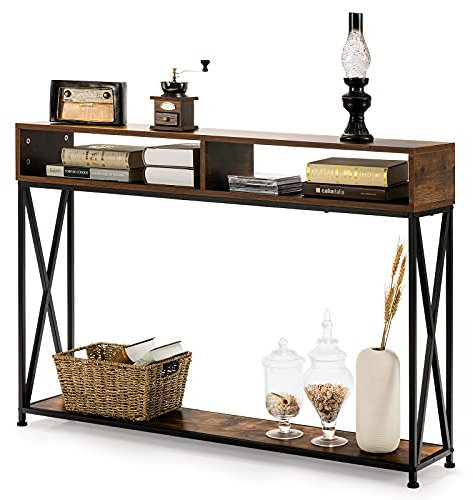 COSTWAY 2 Ebenen Konsolentisch mit offnen Fächern, Flurtisch aus Holz, Standregal, Beistelltisch für Eingang, Wohnzimmer und Schlafzimmer, 120 x 23 x 79 cm (Braun)