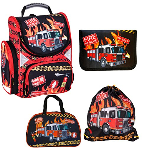 Goldkids Feuerwehr Firefighters Schulranzen Grundschule ergonomischer Ranzen Federmappe Federtasche Federmäppchen ohne Inhalt Turnbeutel Sporttasche 4er Set Fire