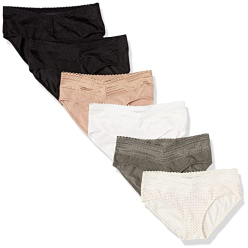 Warners Blissful Benefits Women's Dig-Free Comfort Waist with Lace Cotton Hipster Panties 6-Pack, Toasted Almond/Black/White/Bodytone Polda Dot/Stone Crystal Web/Black, 2XL