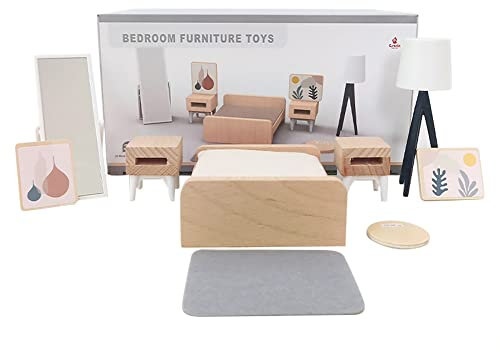 ISAKEN Maison de Poupées en Bois pour Enfants, Jouet avec Meubles et Ensemble de Mobiliers de Chambre Miniature, Kit de Maison de Poupées