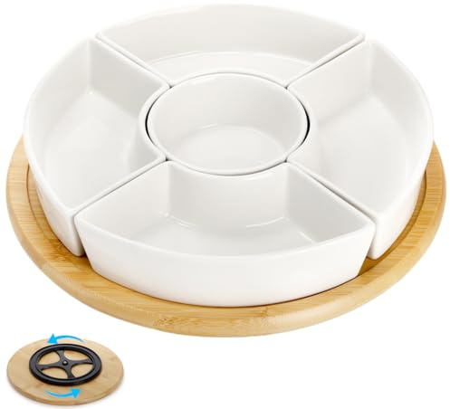 Lyellfe Plateau de service divisé Lazy Susan en porcelaine pour fruits, légumes, bonbons, frites et trempettes, plateau de revente pour Noël, Thanksgiving, 5 compartiments amovibles, blanc
