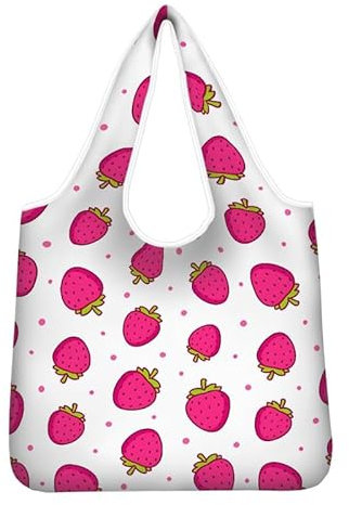 Kuiaobaty Einkaufstasche, faltbare Schultertasche, umweltfreundliche Einkaufstasche für Einkäufe, Handtasche, Rosa Erdbeere, Large