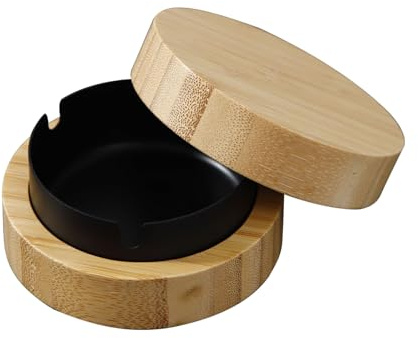 Soulnioi Cenicero redondo de madera de bambú con forro de acero inoxidable con tapa, para uso en exteriores o interiores (negro)