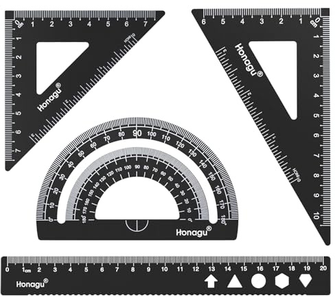 Honagu Set di 4 righelli triangolari, righello in lega di alluminio, righello da disegno in metallo, goniometro geometrico per studenti, disegnatori, ingegneri, casa, scuola e ufficio (20 cm, nero)