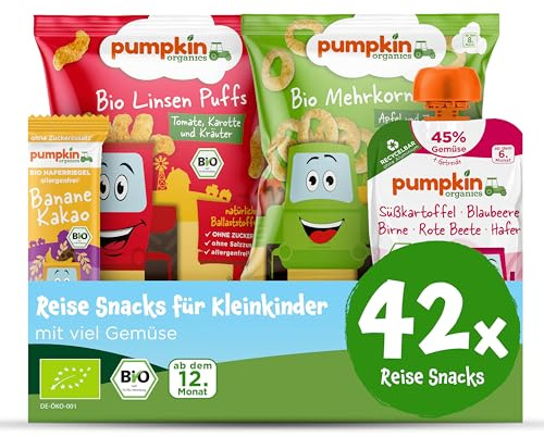 Pumpkin Organics Reise-Snacks für Kleinkinder ab dem 12. Monat - Bio Gemüse-Quetschies, Bio Knusper-Snacks und Bio-Haferriegel ideal für unterwegs, das Handgepäck, Flugzeug oder Zug ohne Zusatzstoffe