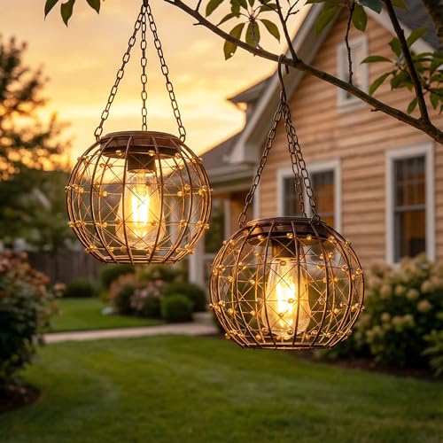 Hanging Solar Lanterns, Solar Lights Outdoor Waterpoof, Solar Chandelier with Warm White Led Bulb, Beaded Copper Wire Ball Shade Patio Garden Decor Lights for Tree Yard Pathway Wall Eave Pergola-2Pack