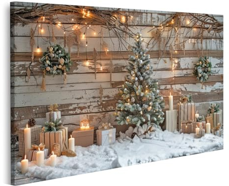 islandburner Bild auf Leinwand Verschneite Weihnachtsszene geschmückter Baum Kerzen Kleiner Weihnachtsbaum vor Holzwand Bilder Wandbilder Poster