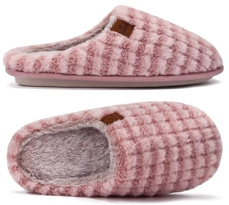 COFACE Mäns returskum tofflor varma pläd tofflor fluffig plysch fodrade med halkfri gummisula, Rosa fluffig, 48 EU