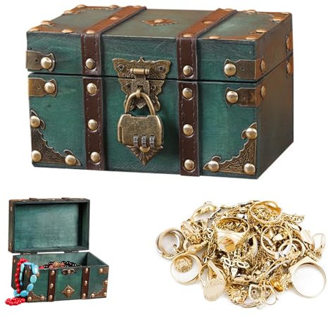 Schatzkiste Holz, Vintage Holz Schatztruhe Kinder mit Schloss, Schatztruhe mit Zahlenschloss, 18 * 11.5 * 10.5cm Holztruhe Piratenkiste für Aufbewahren Dekorieren Geschenke (Grün)