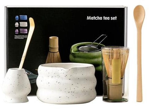 Matcha Tea Set with Whisk and Bowl, Matcha Whisk and Ceramic Whisk Holder Set of 5 Matcha Kit for Ceremony(White)