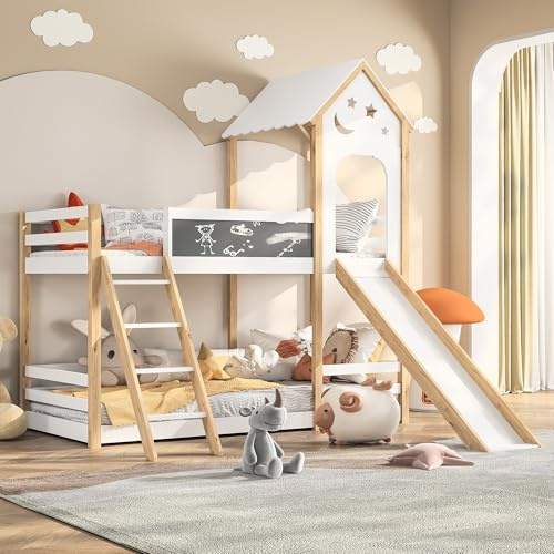 RXMORI Etagenbett mit Leiter und Rutsche,Hochbett 90x200cm für 2 Kinder,Kinderbett mit Rausfallschutz & 2 Lattenrost & Schreibtafel,Stockbett Spielplatz für Junge Mädchen,Rahmen aus Holz,Natur+Weiß