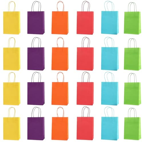 LOCCY 24 Stück Papiertüten mit Henkel, 6 Farben Bunt Papiertüten Geschenktüten aus Kraftpapier Mitgebseltüten Candy Tüten für Kindergeburtstag, Hochzeiten, Weihnachten, Feiern (Bunt-12x5x16cm)