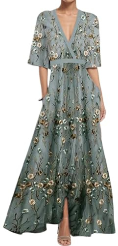 Vestido Invitada Boda Fiesta Elegantes Fiesta Ropa Mujer Verano 2025 Vestido Boho Manga Larga Ceremonia Invitada Boda Ropa Elegante Novia Algodon Prom Dress(Gris,L)