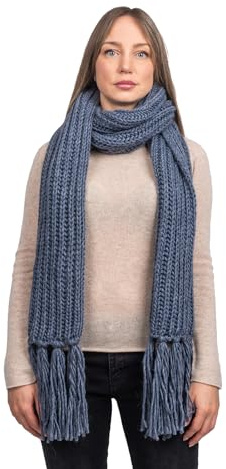DALLE PIANE CASHMERE - Sciarpa maglia inglese con frange - Made in Italy -Donna, Colore: Jeans, Taglia unica