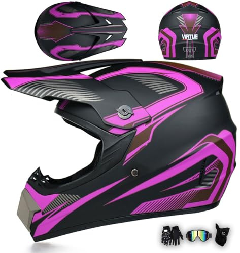 MODRYER Casco Cross Casco da Motocross Caschi Moto ECE DOT Casco Integrale per ATV Downhill Dirt Bike MTB MX Enduro Quad con Visiera Occhiali Guanti Maschera,Purple-L
