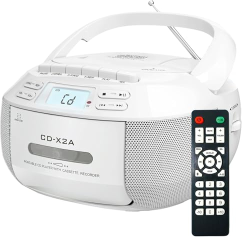 Boombox Lecteur CD portable avec Bluetooth, radio AM FM, lecture MP3, télécommande, écran LED – Lecteur de musique personnel pour la maison et la famille