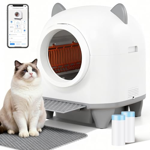 TRIUMPHKEY Self-cleaning litter box,90Lautomatic cat litter tray,Litter box xxl,Cat ear design,App control,3-way deodorisation,9 sensors,AI health tracking,For multiple
