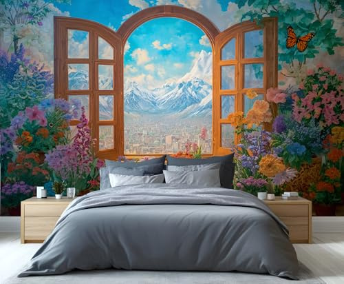 Frühlingsgarten-Fenstertapete, Naturlandschaft, Kindertapete, blühende Blumen, Schmetterling, Wandbild für Mädchen, Schlafzimmer, Kinderzimmer, Wohnzimmer, 280 x 200 cm
