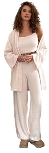 Mirenelle Damen Lounge Set mit Angora – 3-teiliges Cozy Set mit Cardigan, Top & Hose – Weich, Warm & Stylisch – Perfekt für Zuhause & Unterwegs – Puderosa & Beige (Set Puder – Kurzer Cardigan, M-L)