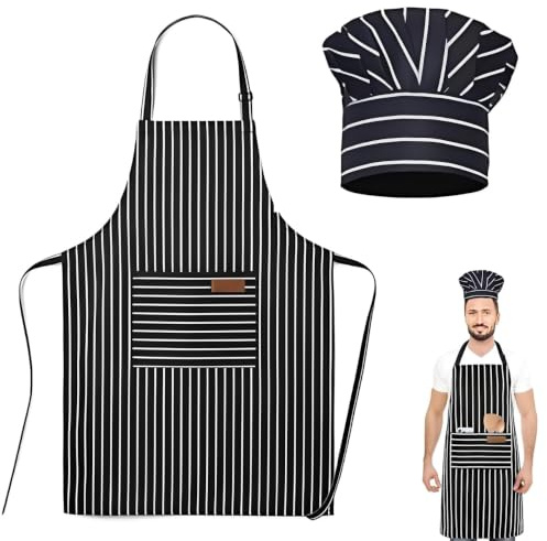 QhgPnt 2-Pair Chef Apron Set, Includes Kitchen Apron and Chef Hats for Men and Women, Adjustable Bib Apron with Pockets for Cooking Baking, Chef Costume Outfit for Cooking and Baking