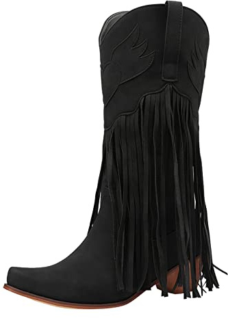 Générique Bottes mi-Hautes Femme à Talon épais Bout Pointu Franges Western Design Confortable élégant Chaussures Automne Hiver