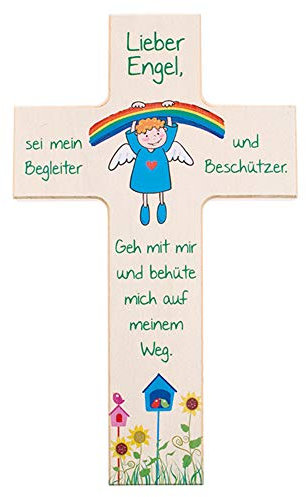 Fritz Cox Kinderkreuz aus Holz Regenbogen-Engel | Holzkreuz natur | tolles Geschenk zur Taufe und zum Geburtstag | Lieber Engel sei mein Begleiter | für Jungen & Mädchen | 20 cm