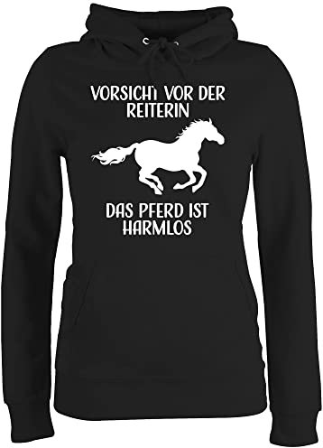 Shirtracer Pullover Damen Hoodie Frauen - Pferde - Vorsicht vor der Reiterin - Das Pferd ist Harmlos - weiß - M - Schwarz - Geschenk Reiter reitoberteil pferdeliebhaber Reitlehrerin, Hoody für