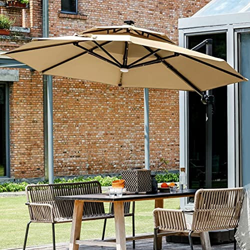 0℃ Outdoor Parasol Colgante con Manivela Ø300cm Sombrilla Voladiza de Jardín Sombrilla con LED Solar Sombrilla, Parasol Excentrico, Sombrilla con Manivela, para Jardín, Terraza, Balcón,Caqui