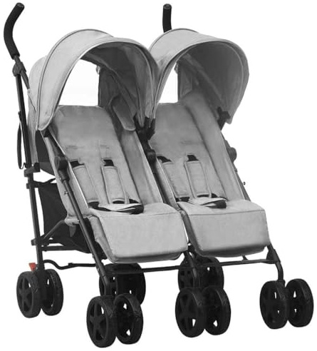 vidaXL Geschwisterwagen mit 12 Rädern Korb Traggürtel Zusammenklappbar Verstellbar Kinderwagen Zwillingswagen Zwillingsbuggy Buggy Hellgrau Stahl