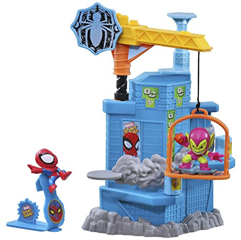 Marvel Hasbro Stunt Squad, Crane Smash, playset con Spider-Man e Green Goblin, action figure in scala da 3,5 cm