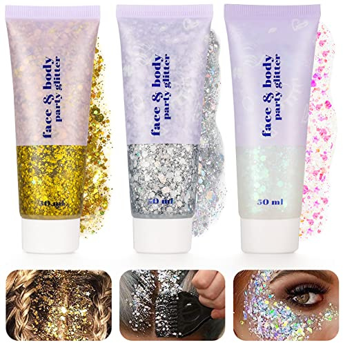 Xinstroe 3 Stück Body Glitter gel, Sequins Chunky Glitter Liquid Gel für Gesicht Haare Lippen Nägel Make Up Kosmetik Festival Party, Silber,Gold,Weiß