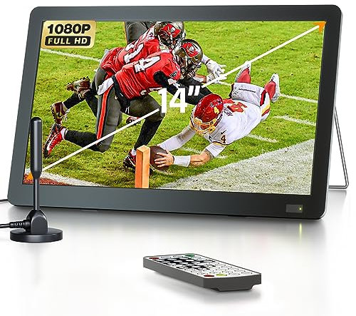 Desobry Mini TV portatile da 14 pollici con antenna, mini TV ricaricabile con sintonizzatore ATSC, supporto integrato per monitor LCD 1080p, ingresso HDMI, USB, ingresso AV, supporta campeggio, cucina
