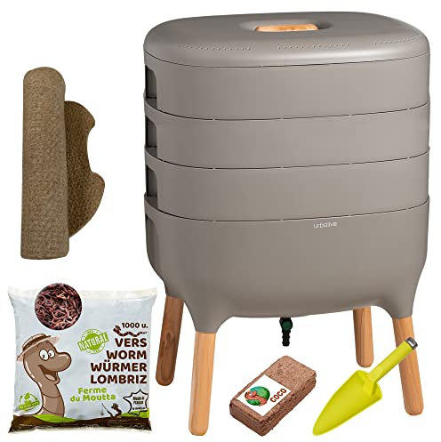 Moutta | Urbalive 3 Schalen Grau, Komplettset I Design Wurmkomposter I 500g Kompostwürmer / 1000 STK. I Startersubstrat I Hanfmatte + Schaufel I Innenraum, Balkon und Garten
