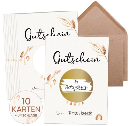 Olgs 10x Rubbelkarten Set mit Umschlag zum selber beschriften Boho | Hochzeitskarte Gutschein Rubbellos Glückslos für eigenen Text | Geschenkidee zum Geburtstag Babyparty Hochzeit Taufe
