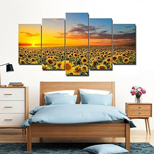 5 Teilig Leinwand Wanddeko Sonnenblumenfeld Bei Sonnenuntergang Hd Bilder Leinwanddrucke 5 Stück Leinwand Bilder Gemälde Modern Wohnzimmer Wohnkultur Geschenk Ohne Rahmen: 150 X 80 Cm Schlafzimmerbür