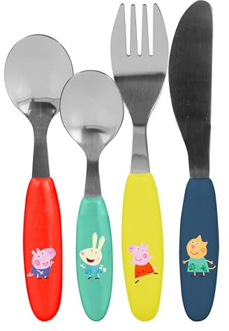 p:os 36180-Cubertería Infantil Peppa Pig de 4 Piezas de Acero Inoxidable para niños con Asas de plástico, con Cuchillo, Tenedor, cucharón y Cuchara de Postre (36180)