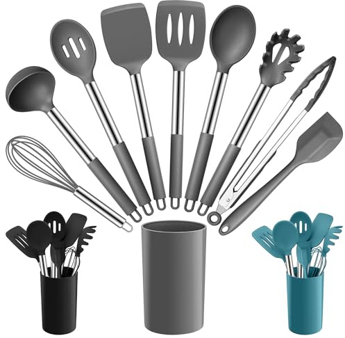 Joyfair 10 Pcs Kitchen Cooking Utensils Set (Non Scratch, Grey) | Stainless Steel Core, Soft Silicone Surface, Spatula/Turner/Spoon/Holder Tool Set, Heat Resistant, Dishwasher Safe