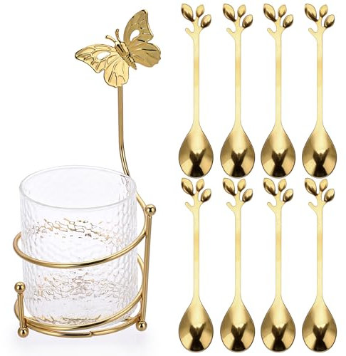 SUMTree 8PCS Gold Coffee Spoons, Coffee Spoons Set with Glass Holder, Small Stainless Steel Gold Dessert Spoons, Mini Tea Spoons Set for Fruit, Stirring, Mixing, Sugar, Ice Cream, Cake (8 x Spoons)