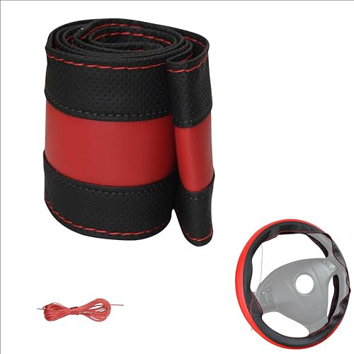 Lenkradbezug Pu Leder, Auto Lenkradhülle zum schnüren Nähen mit Nadel und Faden Spezial Sport Design M3 Schwarz Rot Universalgrösse 37-38 cm