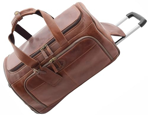 Wheelio Reisetasche aus Leder mit Rollen, Wochenendtasche, Reisetrolley, braun, L, Reisetasche aus Leder mit Rädern