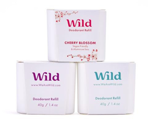 Wild - Natural Refillable Deodorant Variety Pack - Aluminium Free - Scents Include Fresh Cotton & Sea Salt, Cherry Blossom and Coconut & Vanilla Scents - Long Lasting Protection