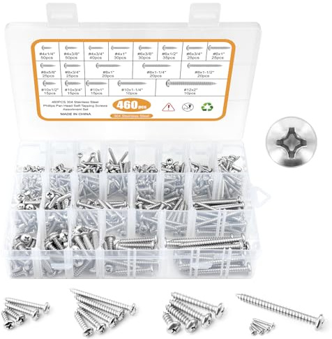 460PCS Stainless Steel Wood Screws Assortment Kit, 18 Sizes #4#6#8#10#12 Pan Head Sheet Metal Screws Self Tapping Screws Set for Wood Deck Drywall Concrete Screws, Length 1/4 to 2