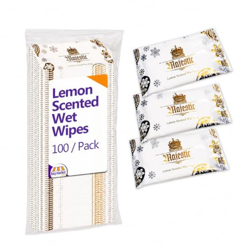 Bag Market | 100 x Majestic Lemon Scented Wet Wipes, Individually Wrapped | Large individually wrapped lemon wipes for restaurants, takeaways, catering and events; suitable for hot or cold service.