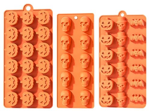 YXHZVON Molde de Chocolate para Halloween, 3 Piezas de Molde de Silicona para Hornear, Molde de Calabaza, Murciélago y Calavera de Halloween para Chocolate, Dulces, Gelatina